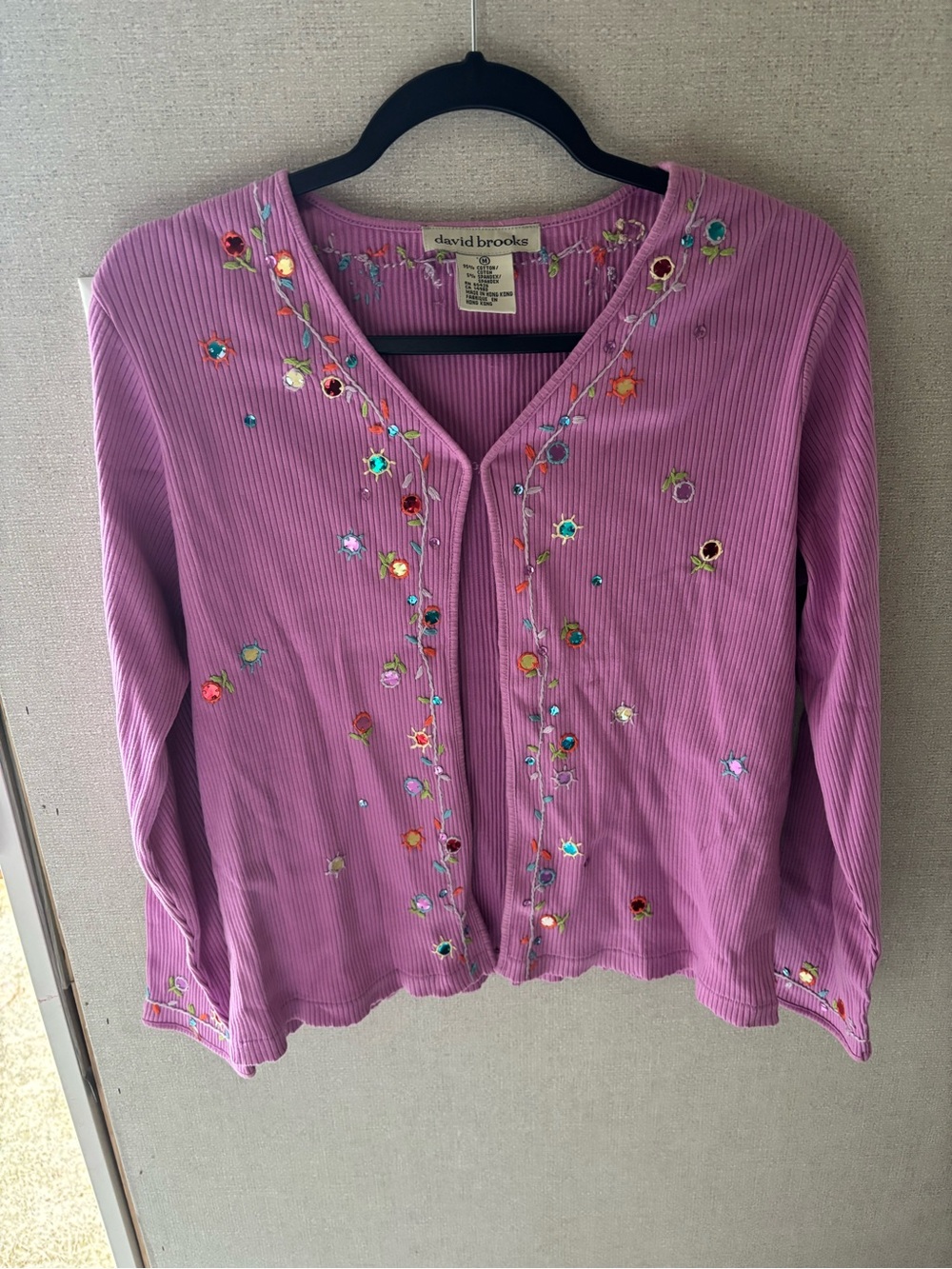 Vintage David Brooks Floral Embroidered Ribbed Cardigan Knit Top